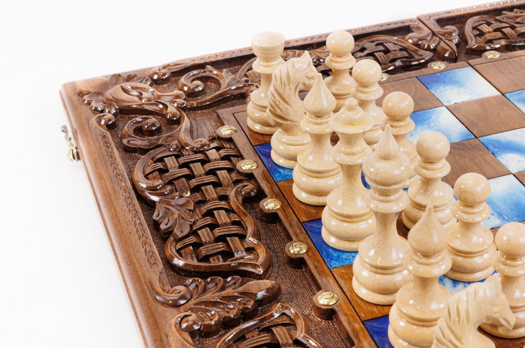 Hand Carved Luxury Wooden Chess Set & Backgammon — Ornamental Braid & Blue Epoxy 60 cm | 23.6" - Unumperfectus