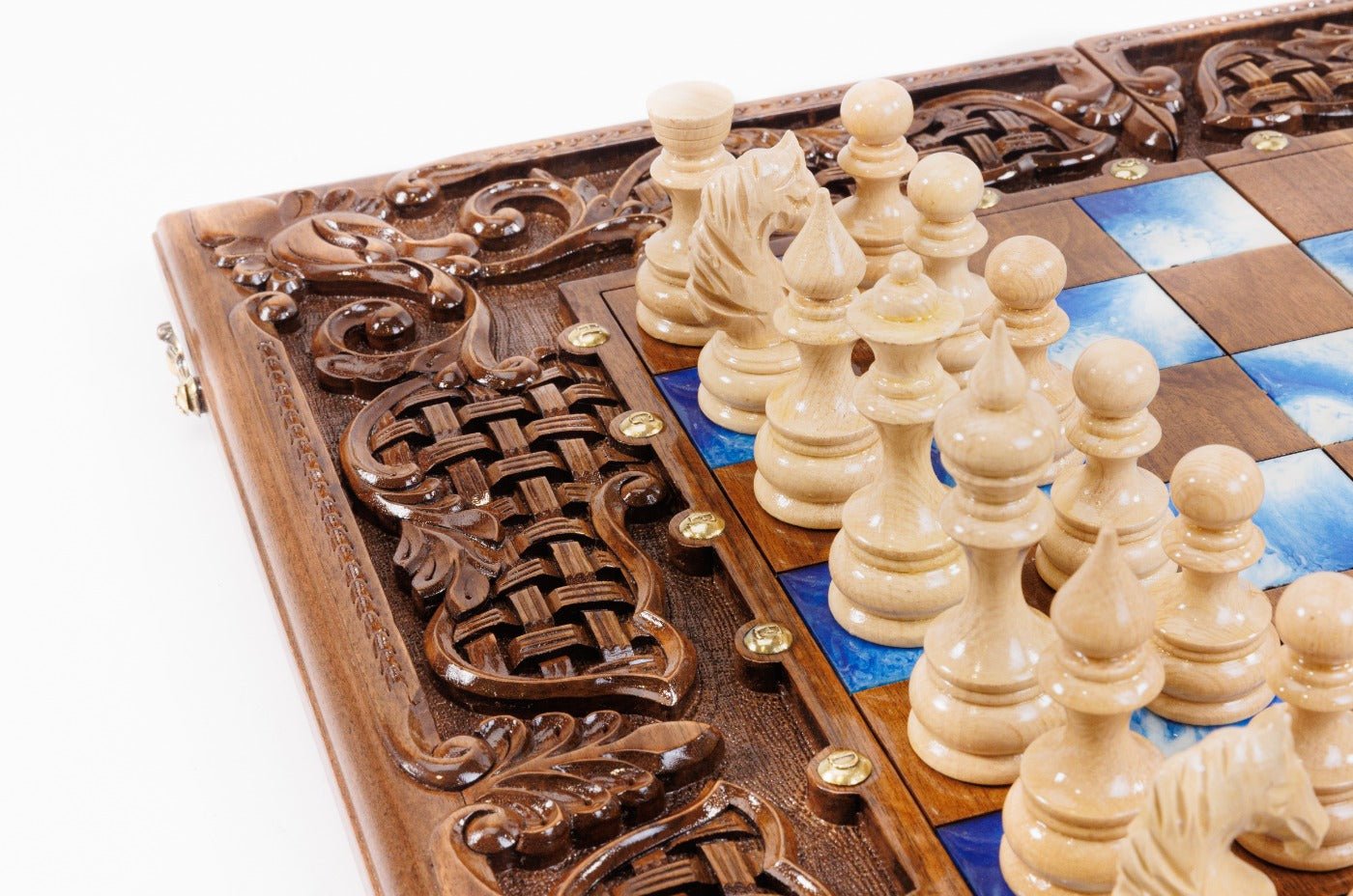 Hand Carved Luxury Wooden Chess Set & Backgammon — Ornamental Braid & Blue Epoxy 60 cm | 23.6" - Unumperfectus