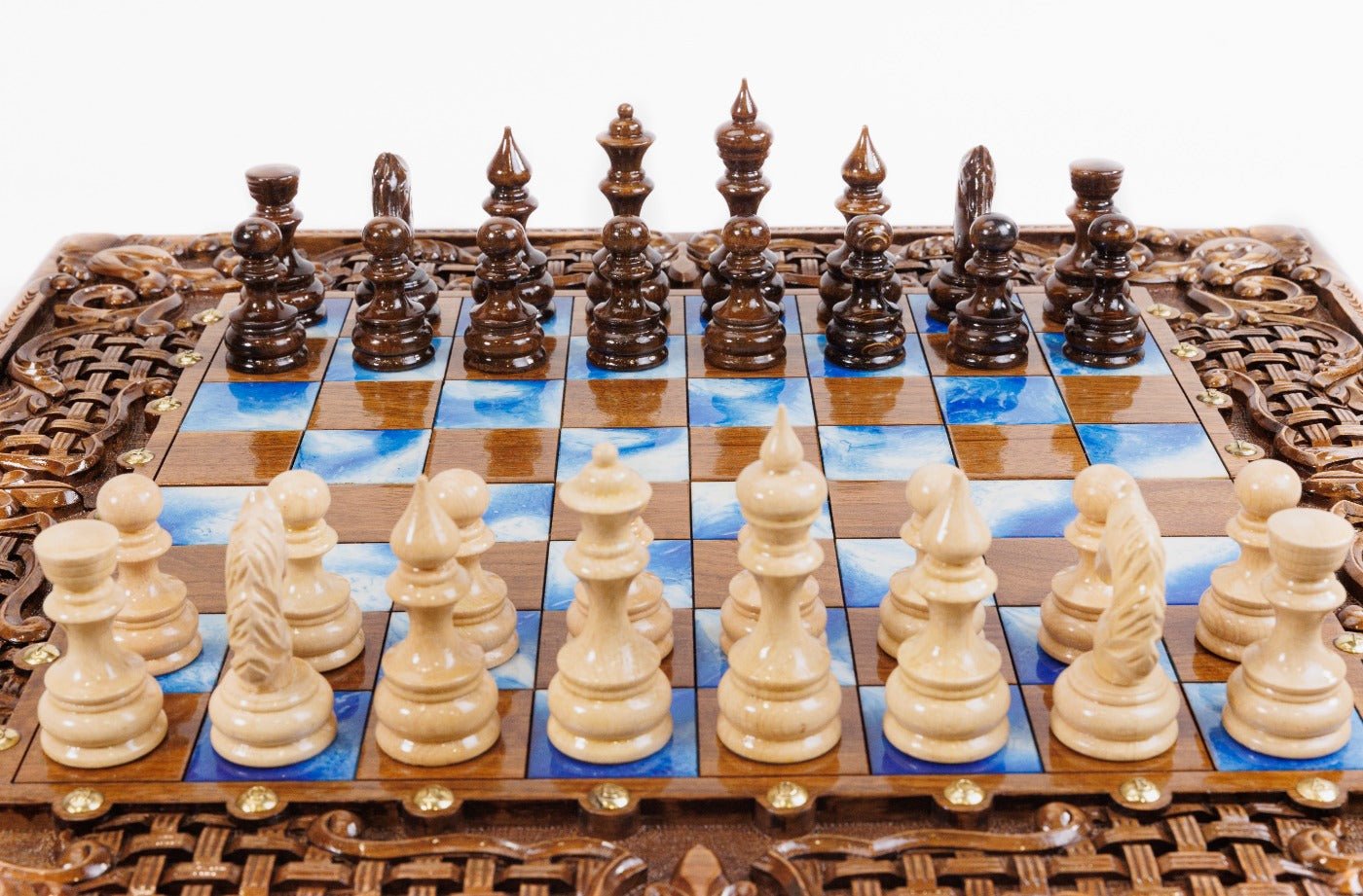 Hand Carved Luxury Wooden Chess Set & Backgammon — Ornamental Braid & Blue Epoxy 60 cm | 23.6" - Unumperfectus