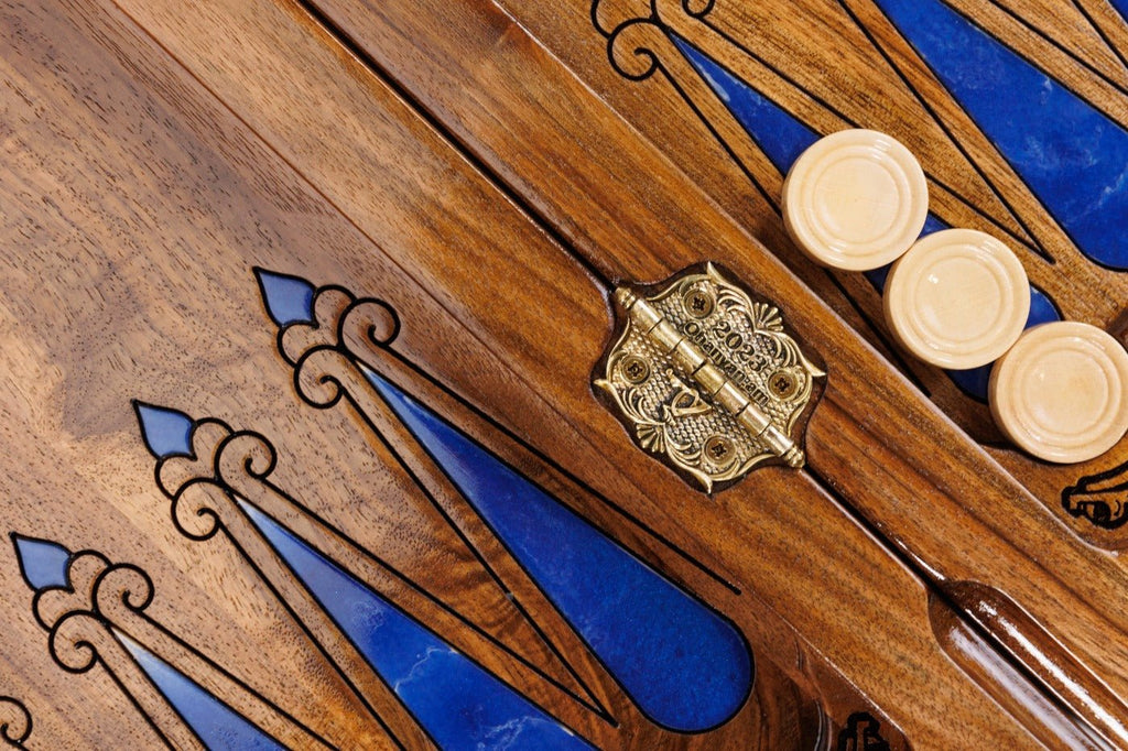 Hand Carved Luxury Wooden Chess Set & Backgammon — Ornamental Braid & Blue Epoxy 60 cm | 23.6" - Unumperfectus