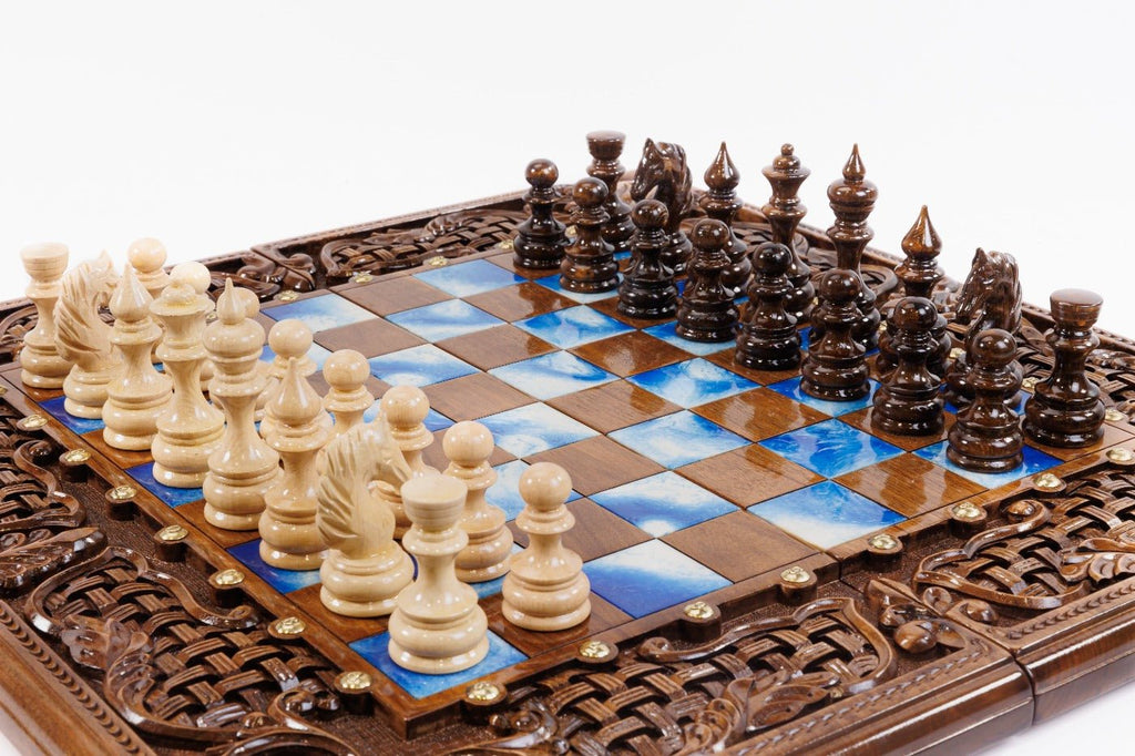  Handcrafted luxury walnut chess board with epoxy resin inlaid squares and open lattice carved border