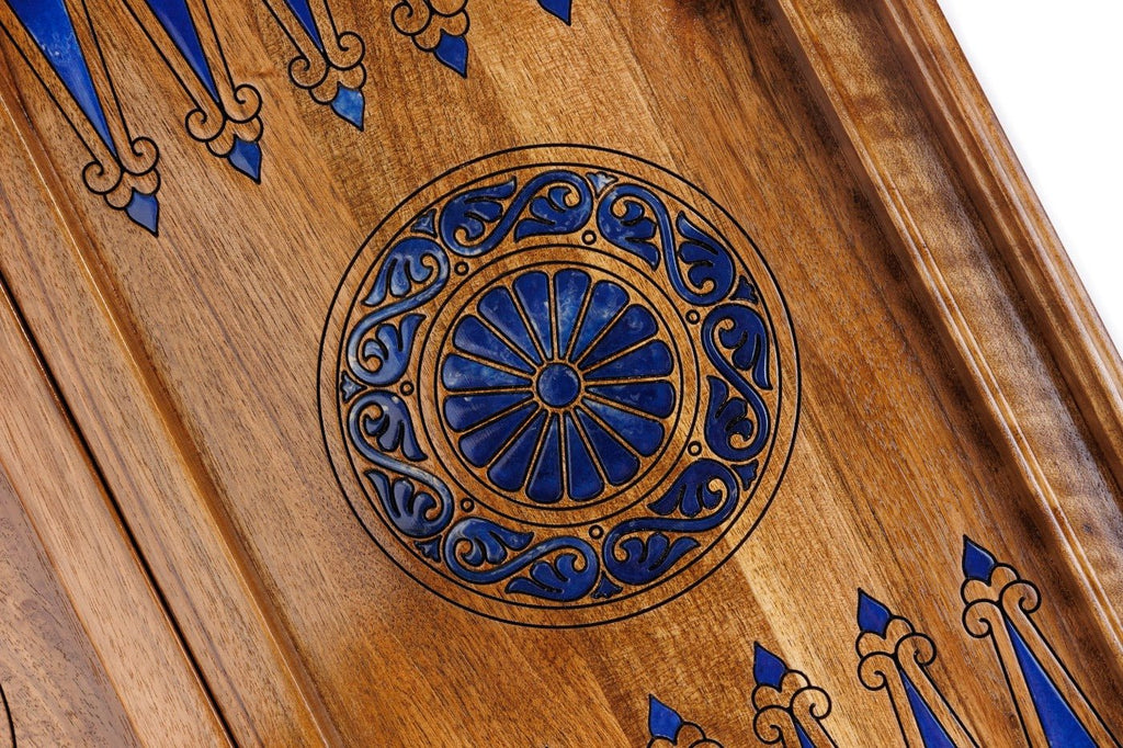 Hand Carved Luxury Wooden Chess Set & Backgammon — Ornamental Braid & Blue Epoxy 60 cm | 23.6" - Unumperfectus