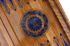 Hand Carved Ornamental Braid Blue Epoxy chess and backgammon set - close-up of hand-carved chess pieces