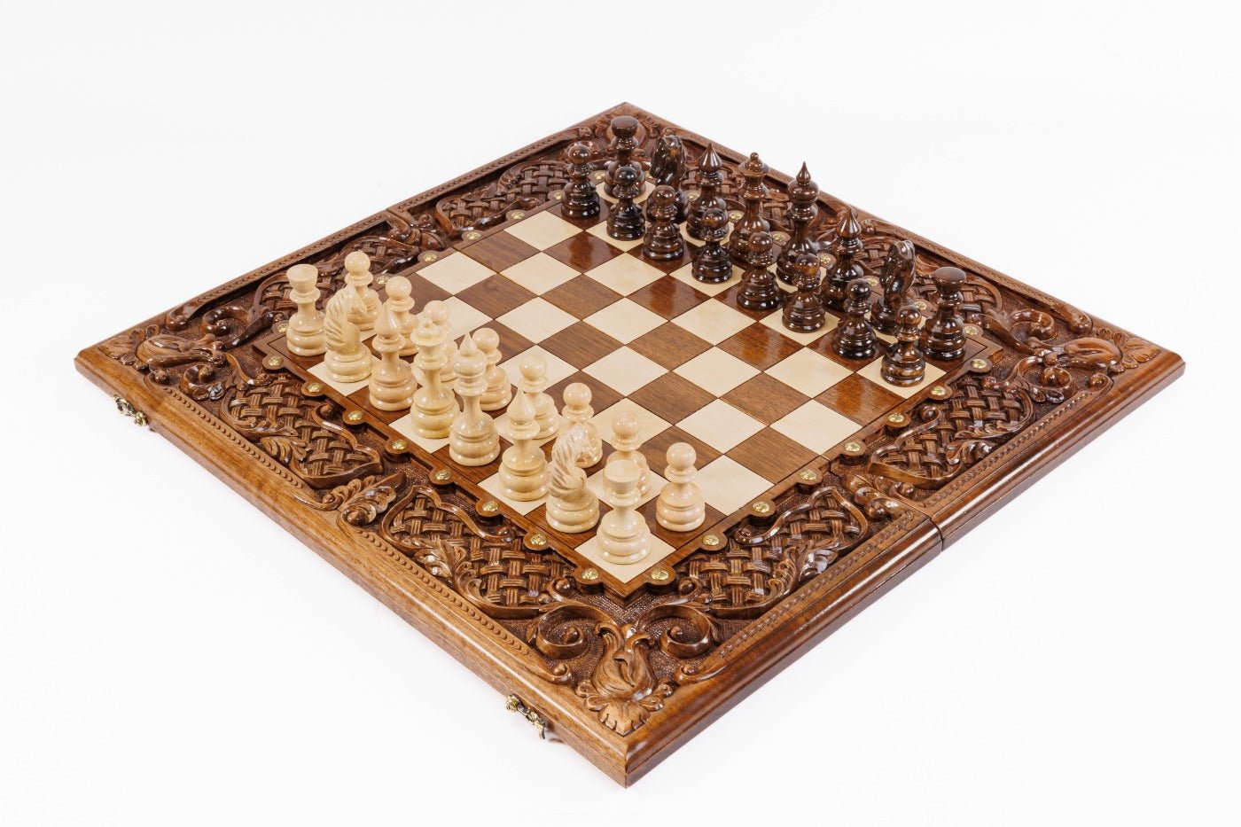 Luxury wooden chess set in solid walnut with open lattice braid border and hand-sculpted floral carvings — by Hrachya Ohanyan