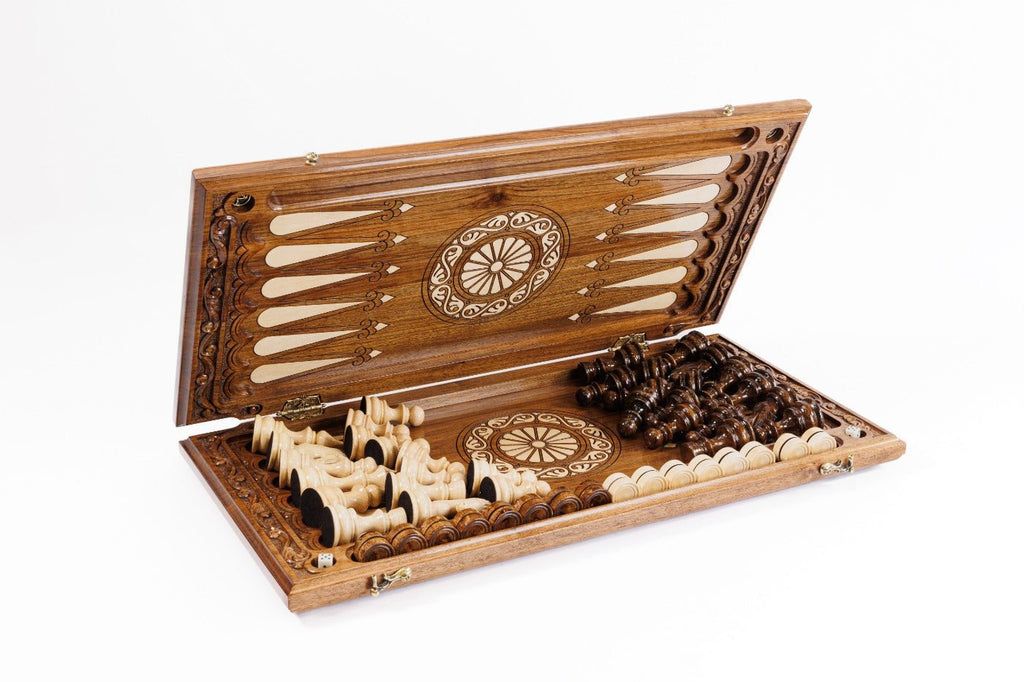 Hand Carved Luxury Chess Set & Backgammon With Ornamental Braid 60 cm | 23.6" - Unumperfectus
