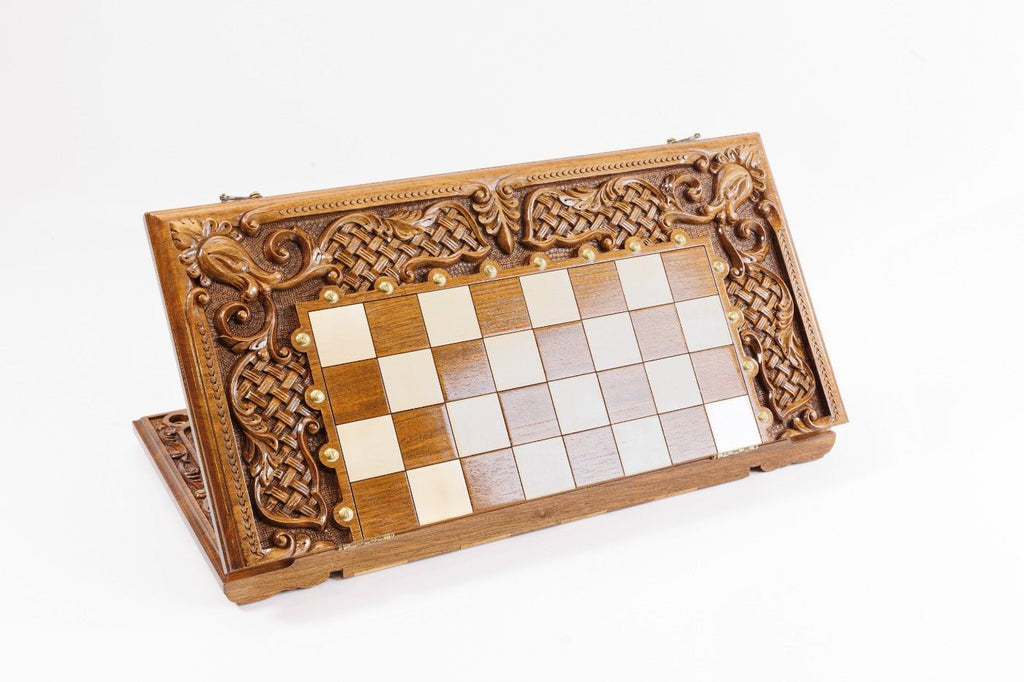 Hand Carved Luxury Chess Set & Backgammon With Ornamental Braid 60 cm | 23.6" - Unumperfectus
