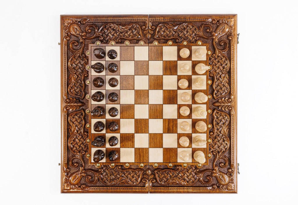 Hand Carved Luxury Chess Set & Backgammon With Ornamental Braid 60 cm | 23.6" - Unumperfectus