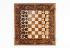 Hand Carved Ornamental Braid chess and backgammon set - close-up of hand-carved chess pieces