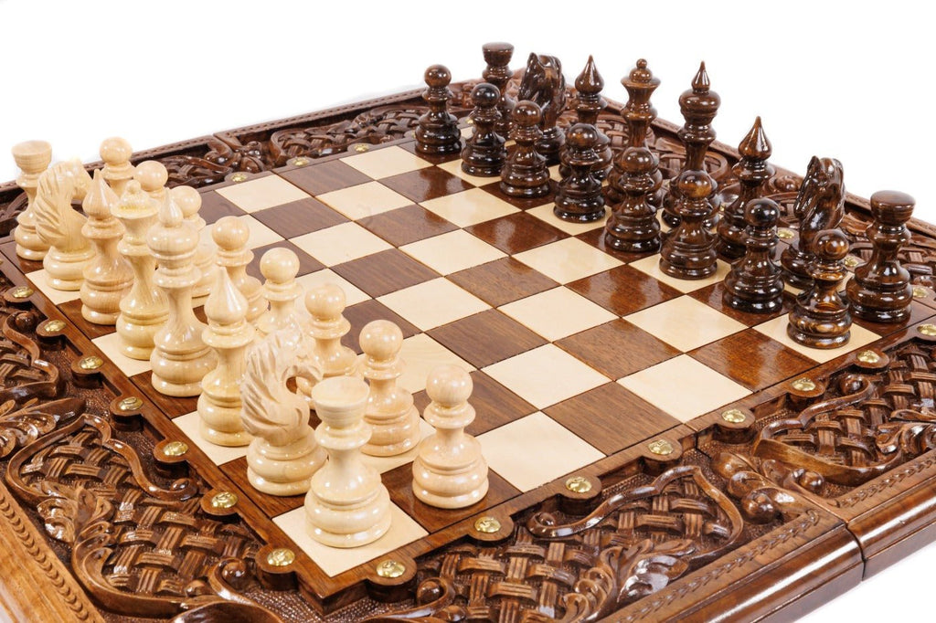 Handcrafted luxury walnut chess board and backgammon set with ornamental braid border and acanthus scroll corner carvings