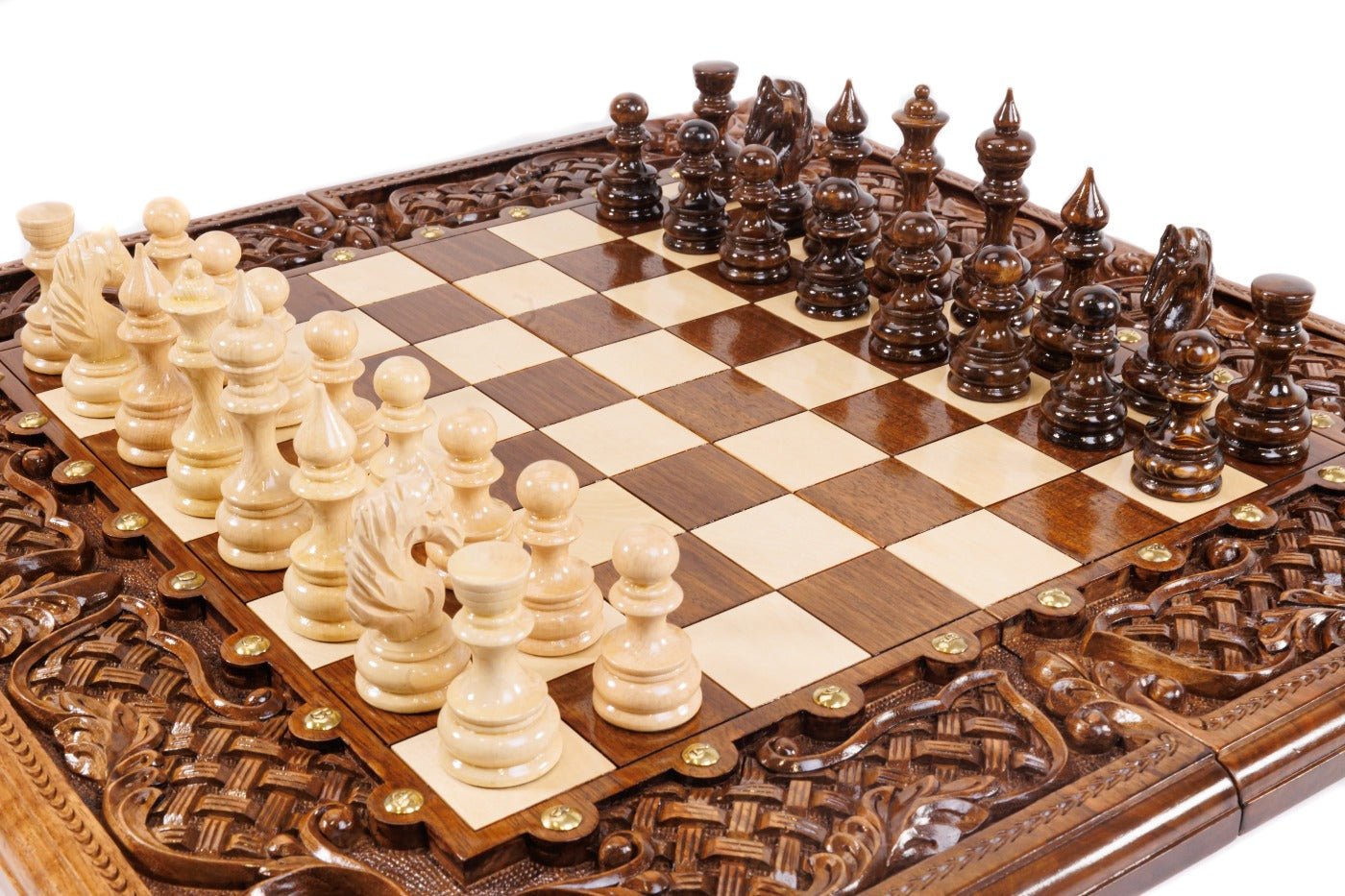 Handcrafted luxury walnut chess board and backgammon set with ornamental braid border and acanthus scroll corner carvings