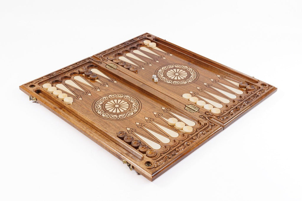 Solid walnut luxury chess and backgammon set with full-border lattice carving and detailed floral scroll motifs