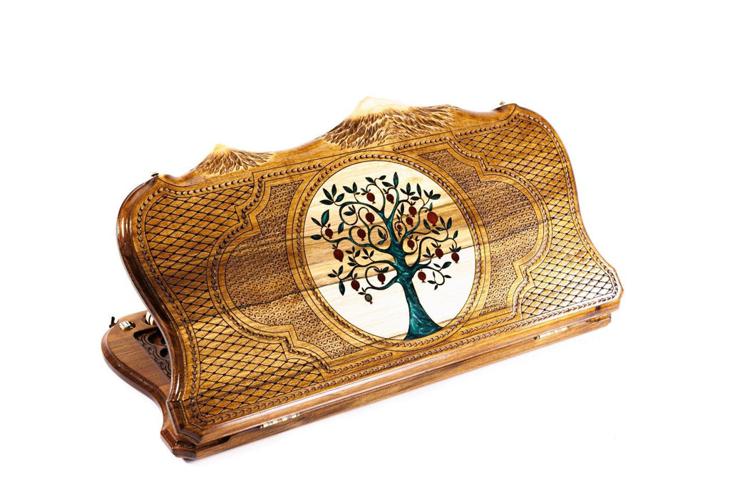 Pomegranate tree epoxy wooden backgammon board with Mount Ararat design