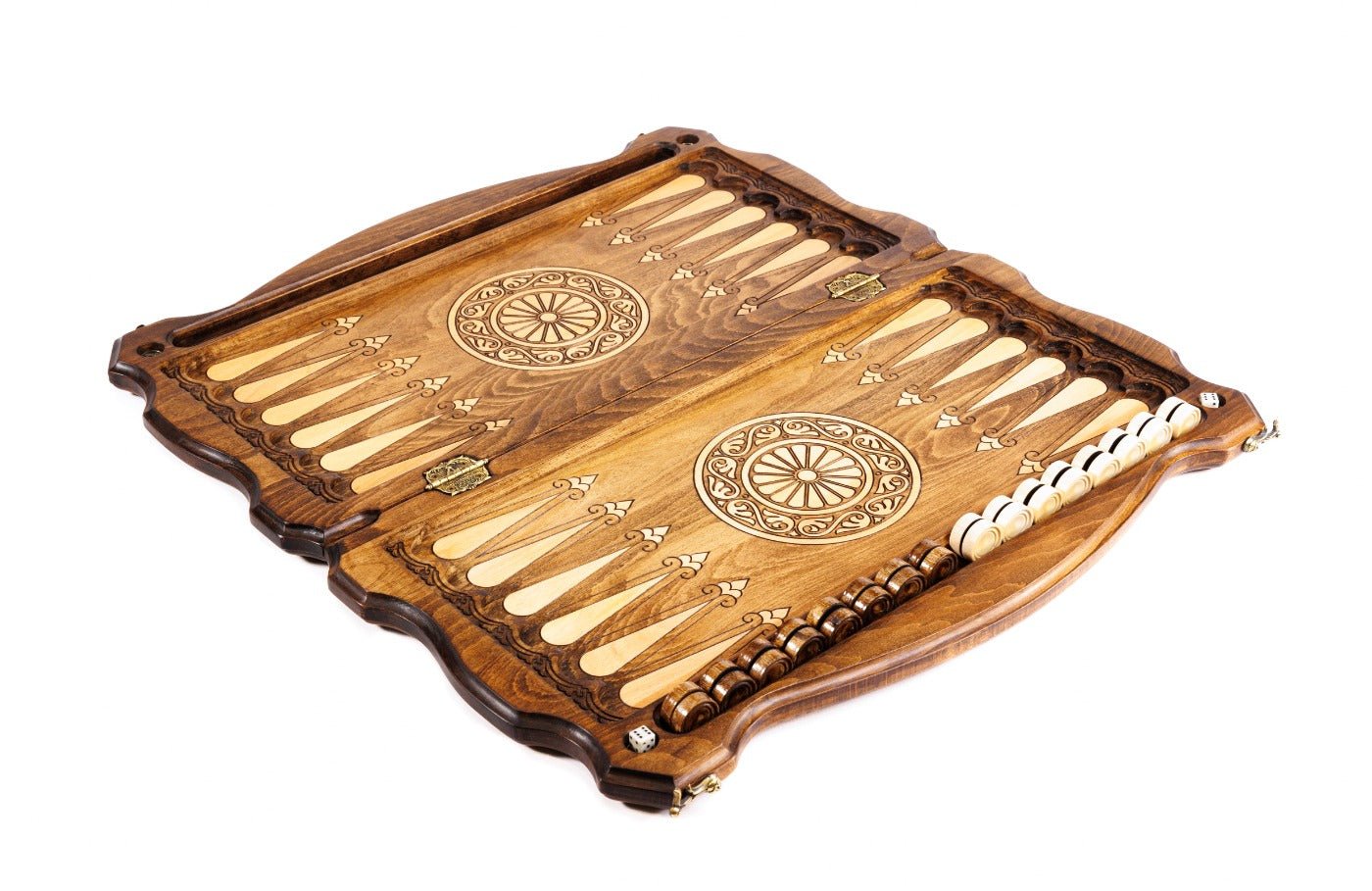 Premium handcrafted wooden backgammon board cultural pomegranate design contour style