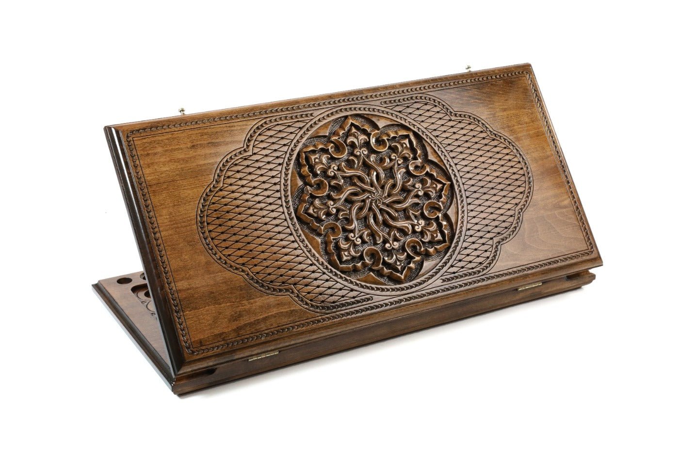Wooden backgammon board with ornamental carved design 23.6 inch
