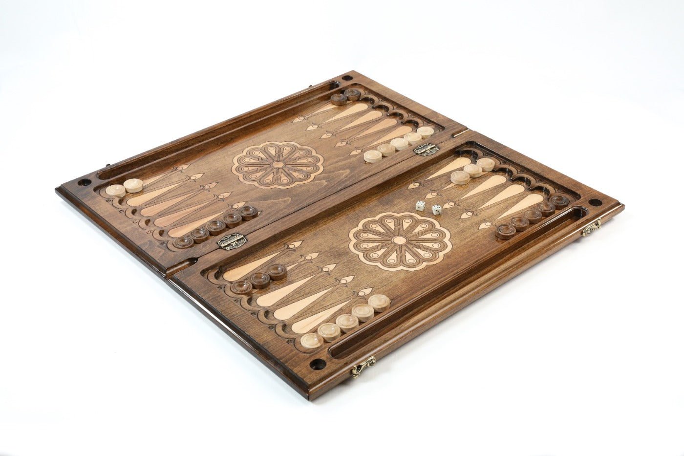 Large wooden backgammon board with classic ornamental craftsmanship