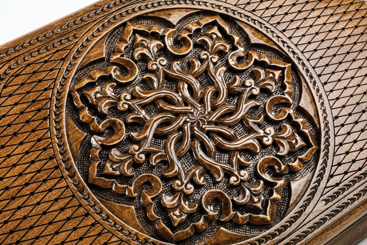 Handcrafted backgammon set with decorative ornamental detailing