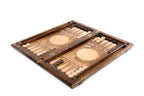 Chess and backgammon set opened to the plain backgammon field with carved points and checkers