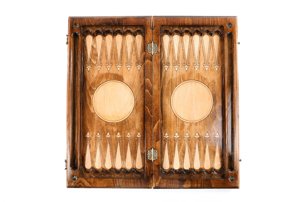 Backgammon field of the classic combo set laid flat, carved points and plain inlaid circles