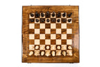 Top-down view of the plain classic chess set with pieces in starting position