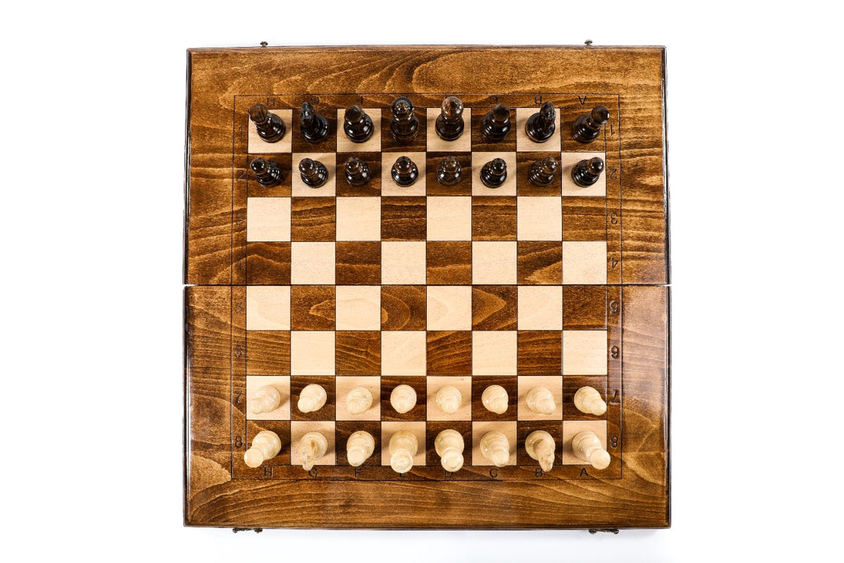 Top-down view of the plain classic chess set with pieces in starting position