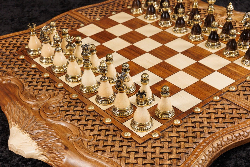 Handcrafted Armenian wooden chess board and backgammon braid pattern style