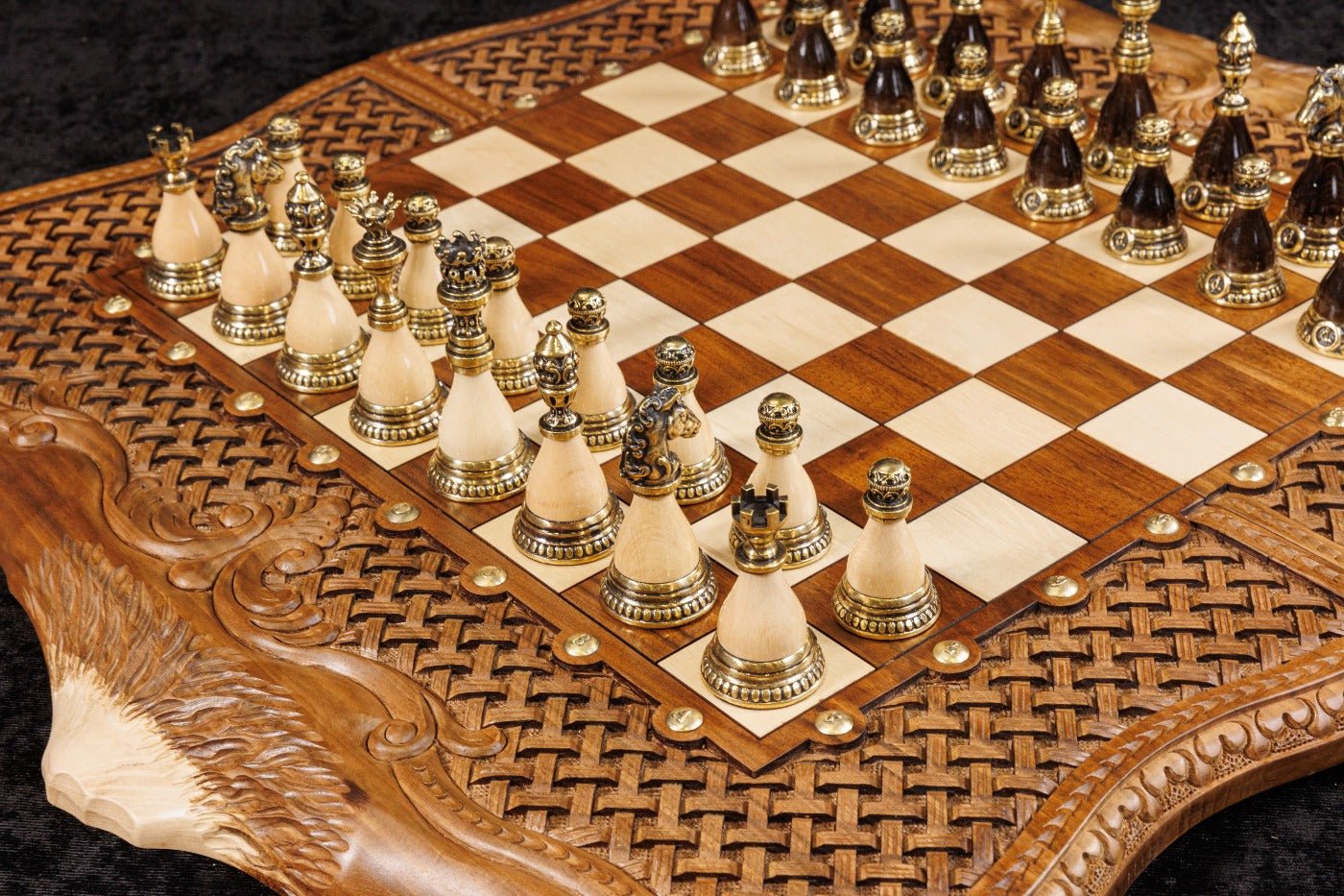 Handcrafted Armenian wooden chess board and backgammon braid pattern style