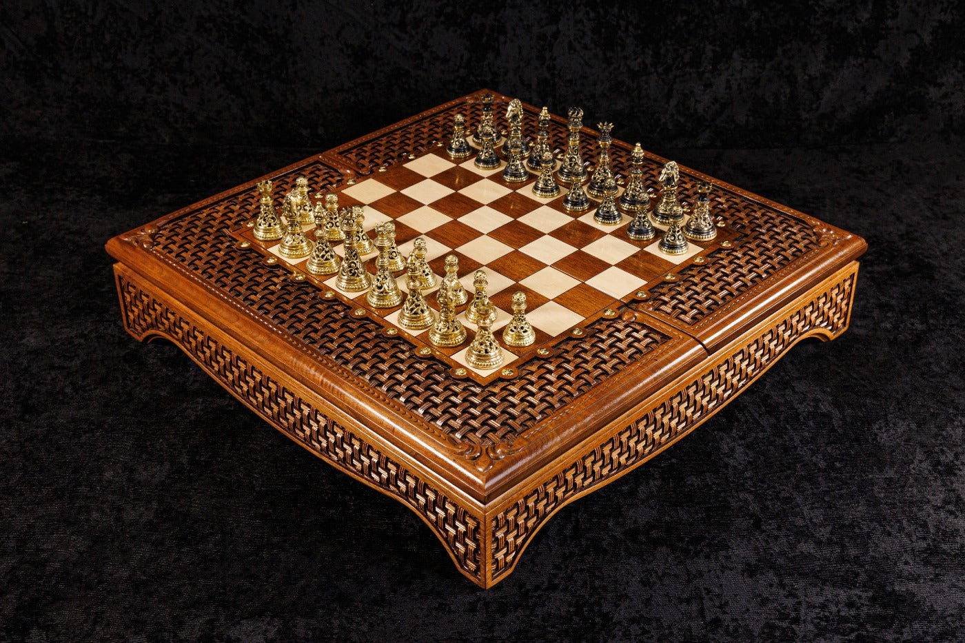 Handmade box-style folding wooden chess set 60 cm with built-in storage compartment