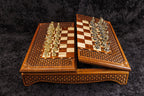 Box Style Folding chess set - close-up of hand-carved chess pieces