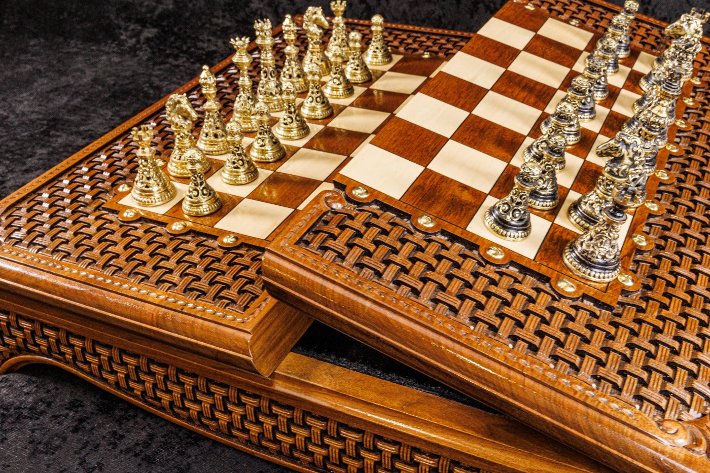 Crafted folding chess set box style 23.6 inch wooden board for travel and home use
