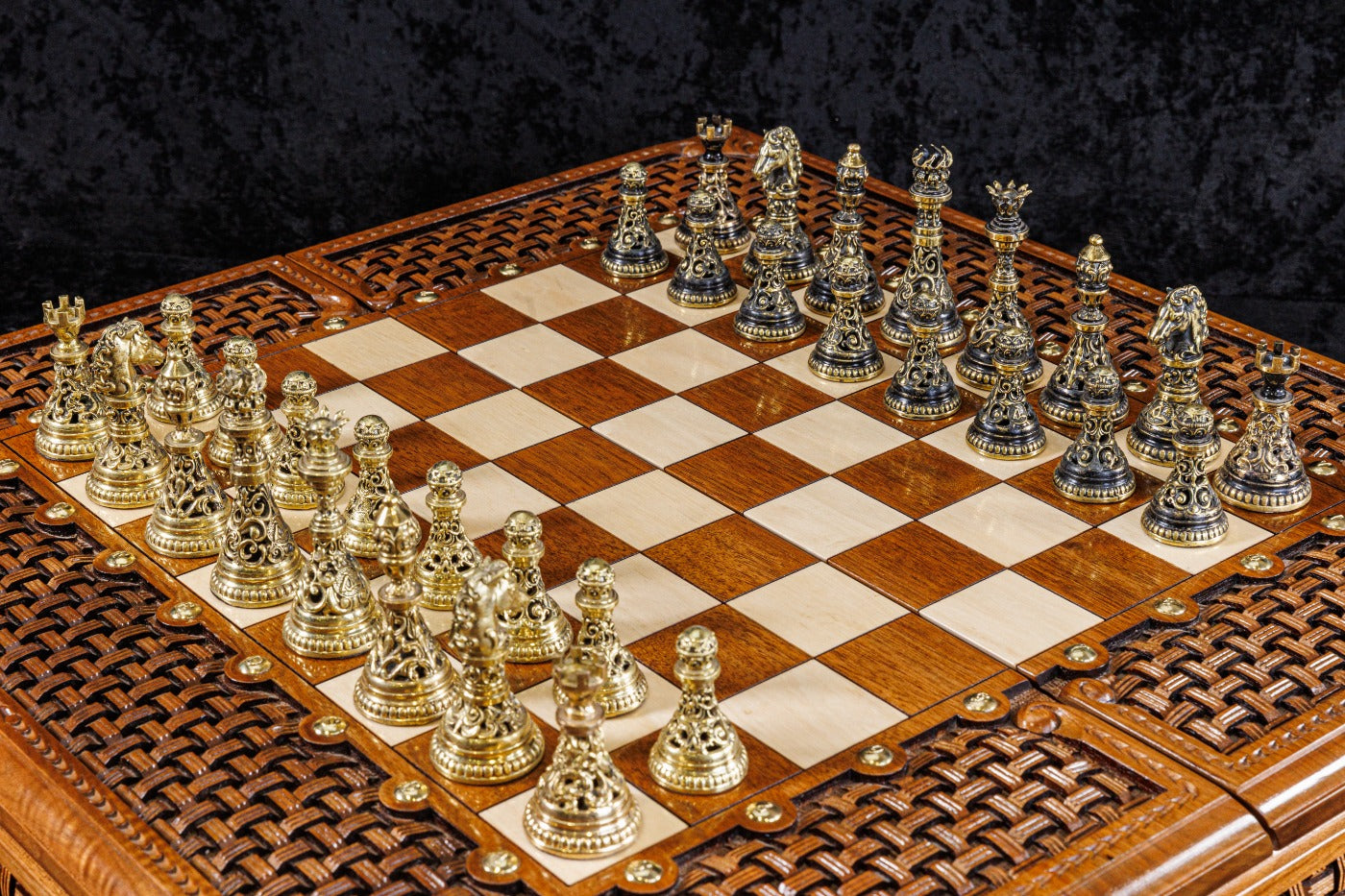60 cm wooden chess board opened showing classic chess layout and storage box design