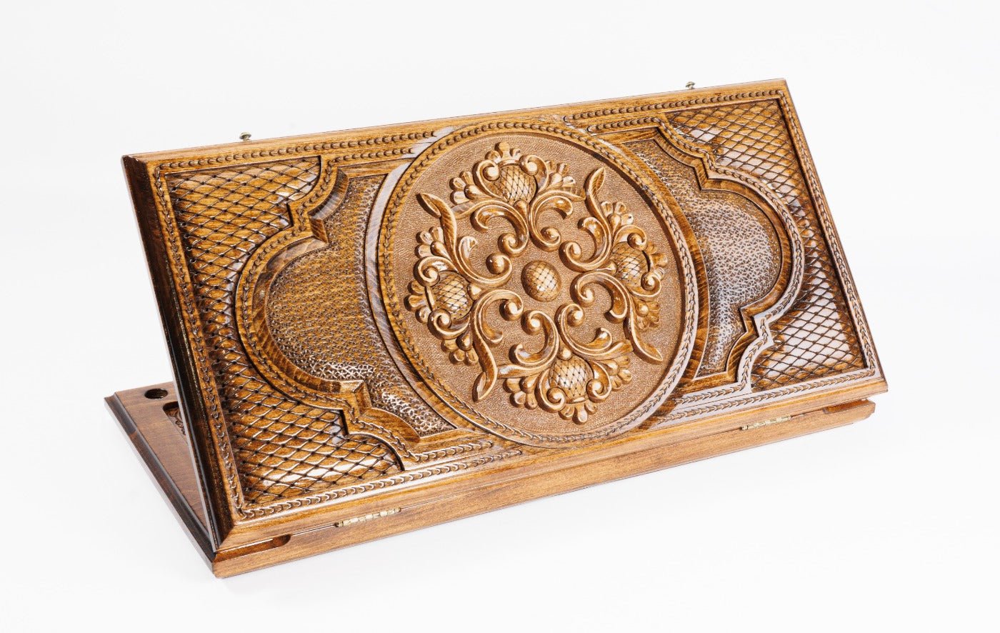 Ornamental two sided wooden backgammon board handcrafted luxury design