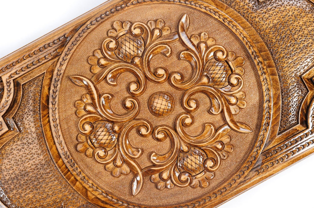 Luxury backgammon board with decorative ornamental artwork on both sides