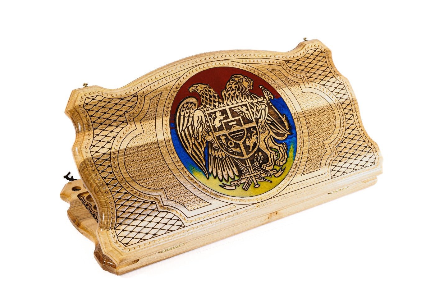 Armenia coat of arms epoxy wooden backgammon board contour outline design