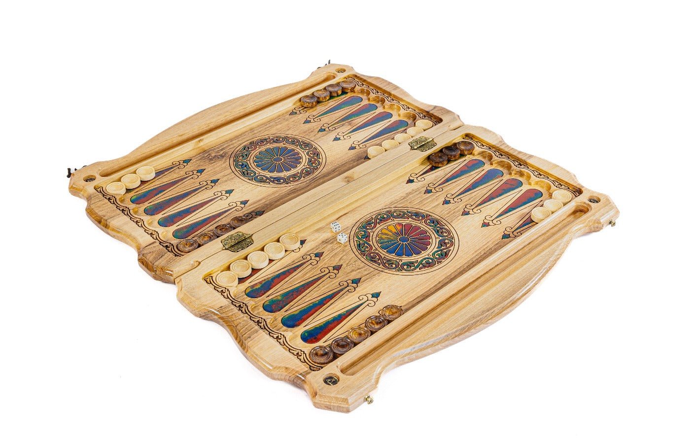 Premium handcrafted wooden backgammon board cultural emblem epoxy detail
