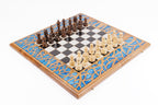 Luxury wooden chess set in solid walnut with blue epoxy resin tree branch border — by Hrachya Ohanyan
