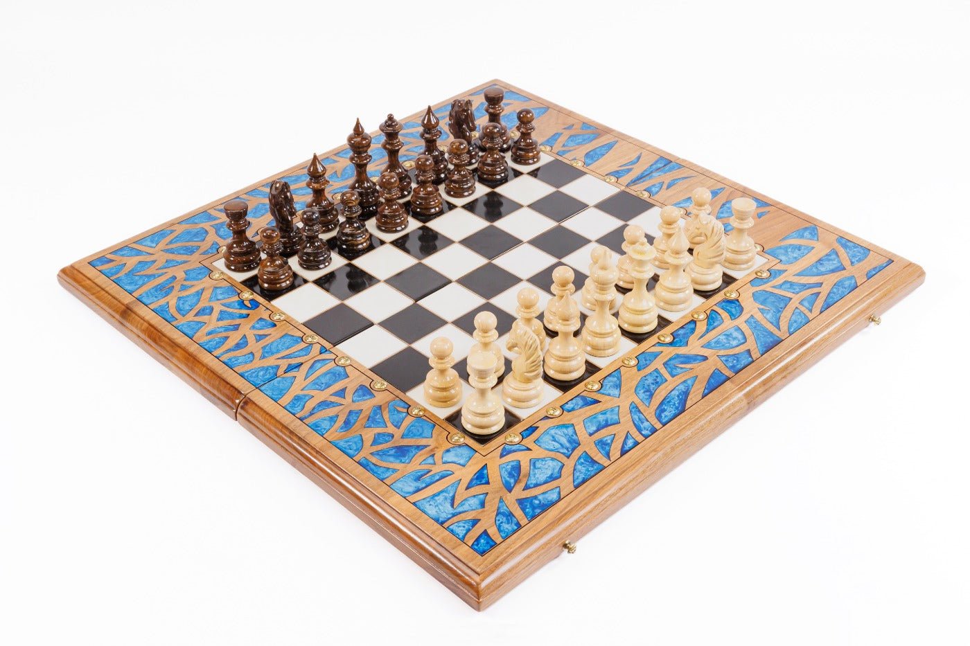 Luxury wooden chess set in solid walnut with blue epoxy resin tree branch border — by Hrachya Ohanyan