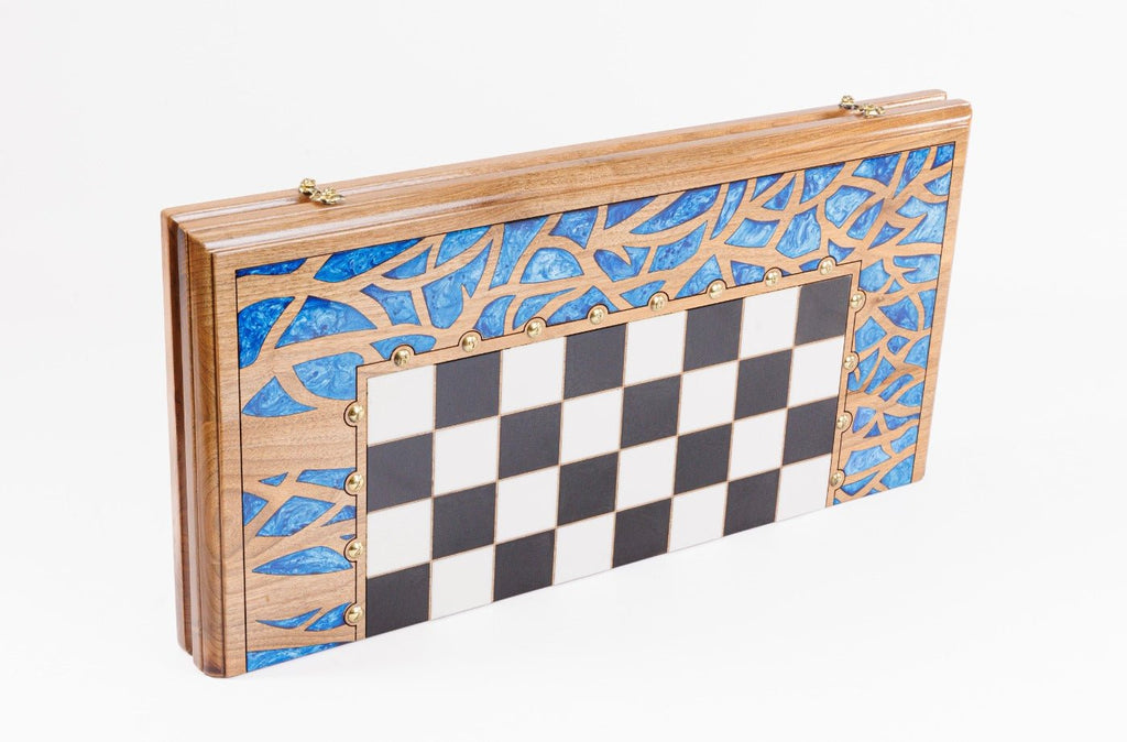 Luxury Carved Chess Set & Backgammon — Tree Branch & Blue Epoxy 60 cm | 23.6" - Unumperfectus