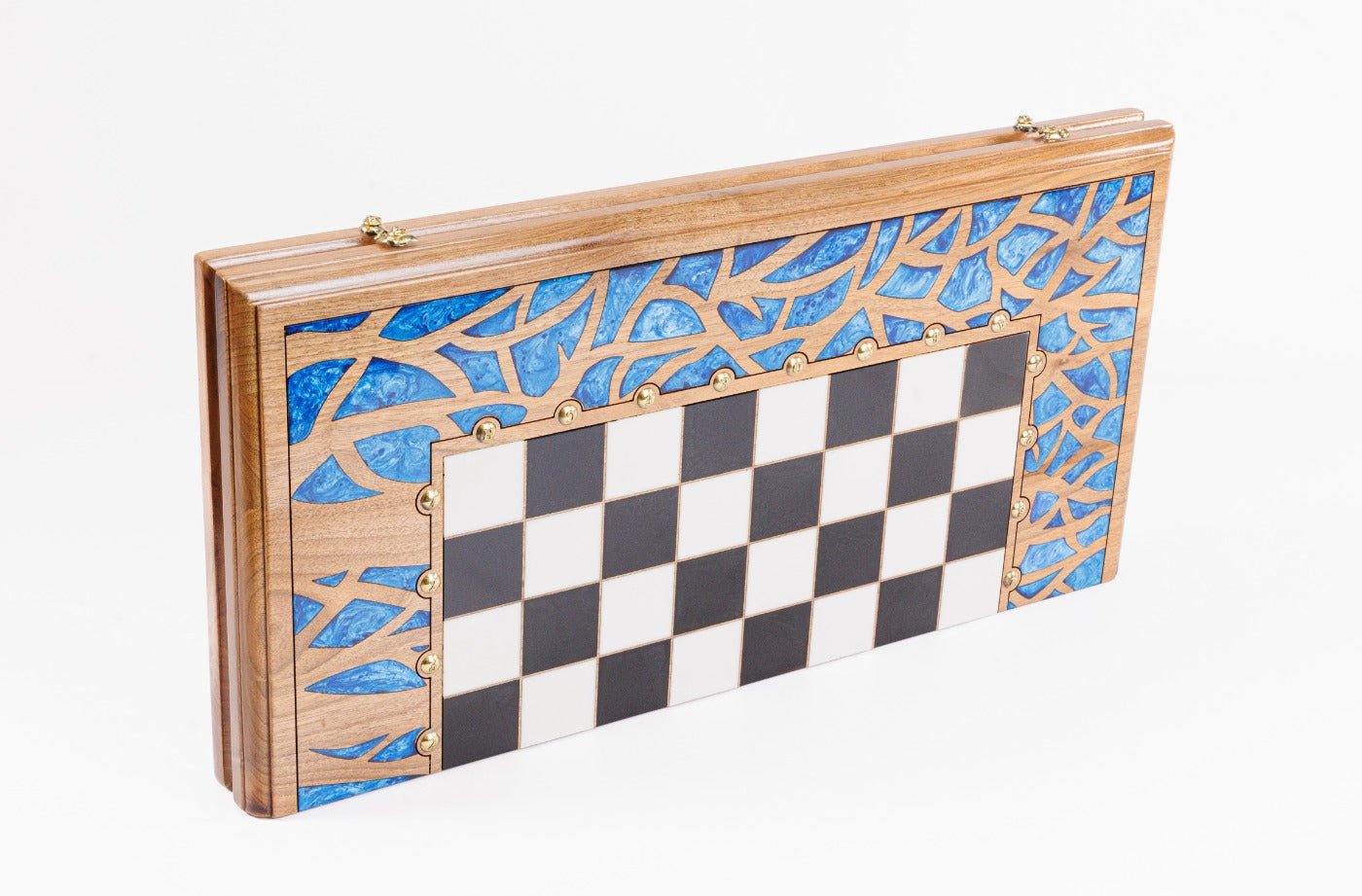 Luxury Carved Chess Set & Backgammon — Tree Branch & Blue Epoxy 60 cm | 23.6" - Unumperfectus