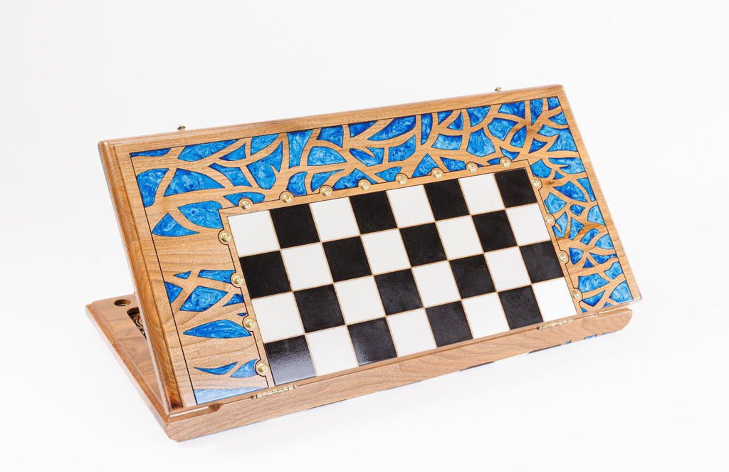Solid walnut luxury chess and backgammon set with blue epoxy resin border and black white epoxy playing squares