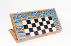 Solid walnut luxury chess and backgammon set with blue epoxy resin border and black white epoxy playing squares