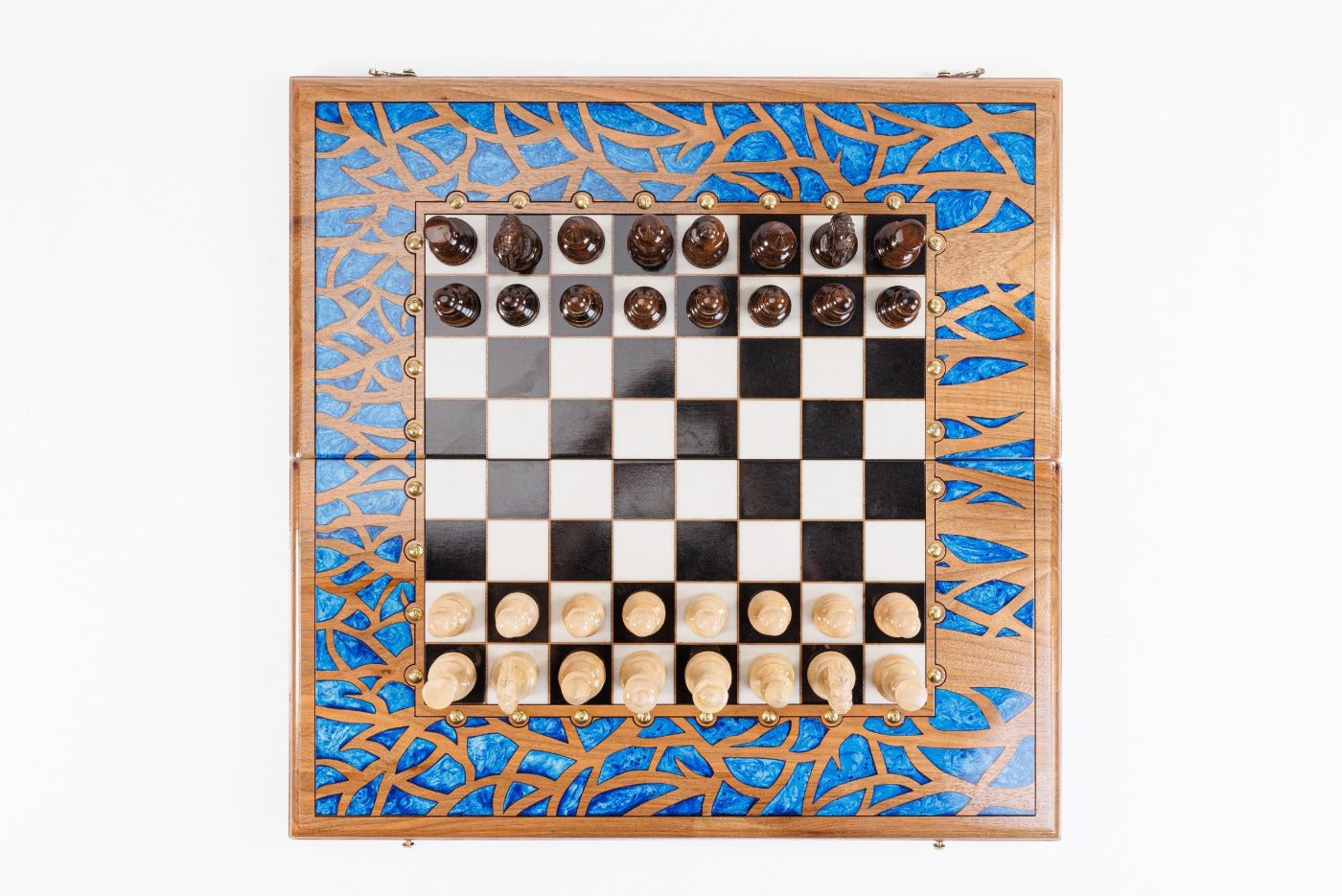 Handcrafted luxury walnut chess board with carved tree branch pattern and blue epoxy resin inlay — 2-in-1 set