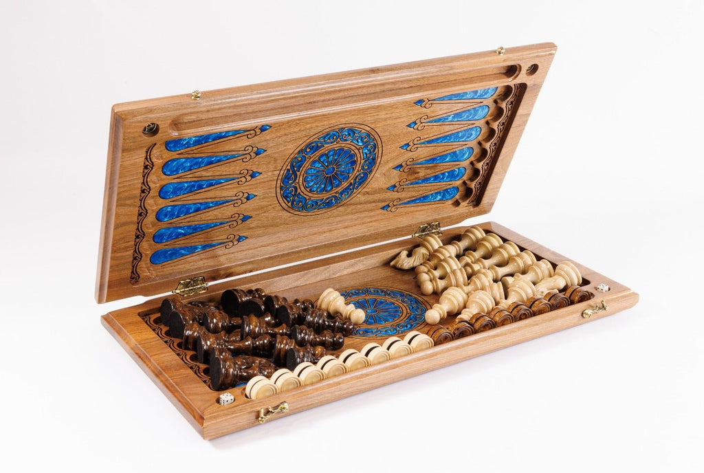 Luxury Carved Chess Set & Backgammon — Tree Branch & Blue Epoxy 60 cm | 23.6" - Unumperfectus