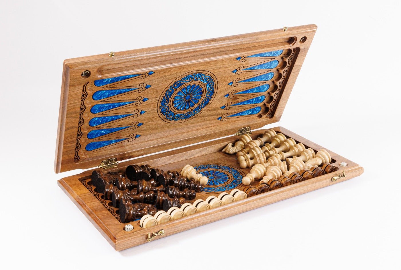 Luxury Carved Chess Set & Backgammon — Tree Branch & Blue Epoxy 60 cm | 23.6" - Unumperfectus