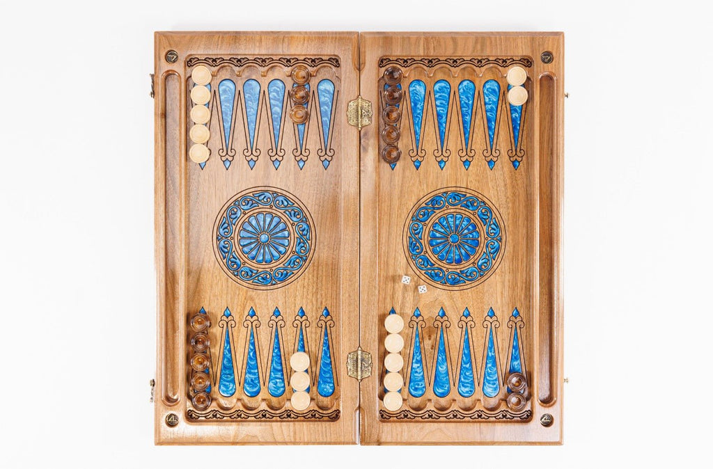 Luxury Carved Chess Set & Backgammon — Tree Branch & Blue Epoxy 60 cm | 23.6" - Unumperfectus
