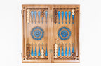 Carved Tree Branch Blue Epoxy chess and backgammon set - close-up of hand-carved chess pieces