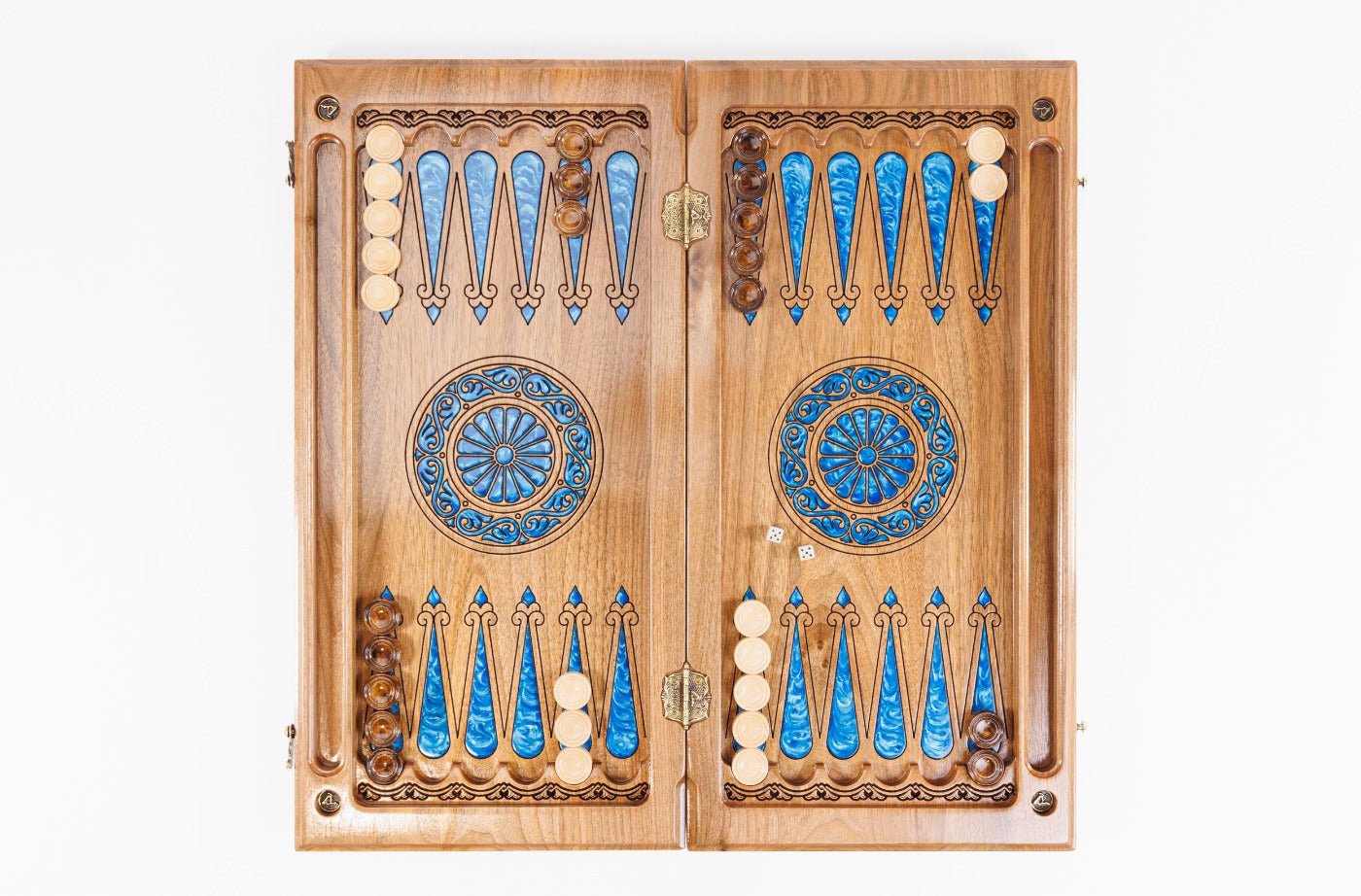 Luxury Carved Chess Set & Backgammon — Tree Branch & Blue Epoxy 60 cm | 23.6" - Unumperfectus