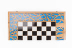 Carved Tree Branch Blue Epoxy chess and backgammon set - detail of the carved border