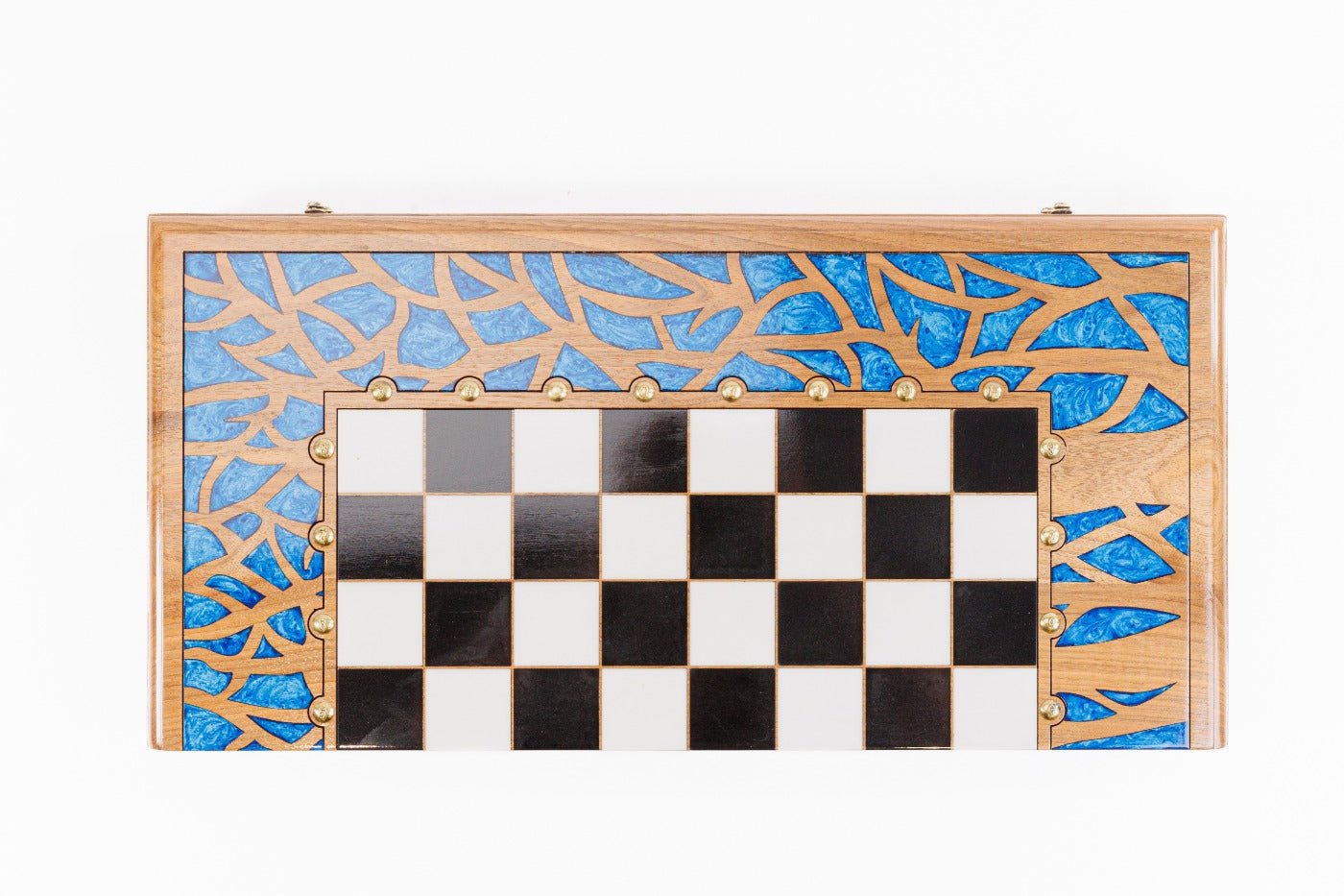 Luxury Carved Chess Set & Backgammon — Tree Branch & Blue Epoxy 60 cm | 23.6" - Unumperfectus