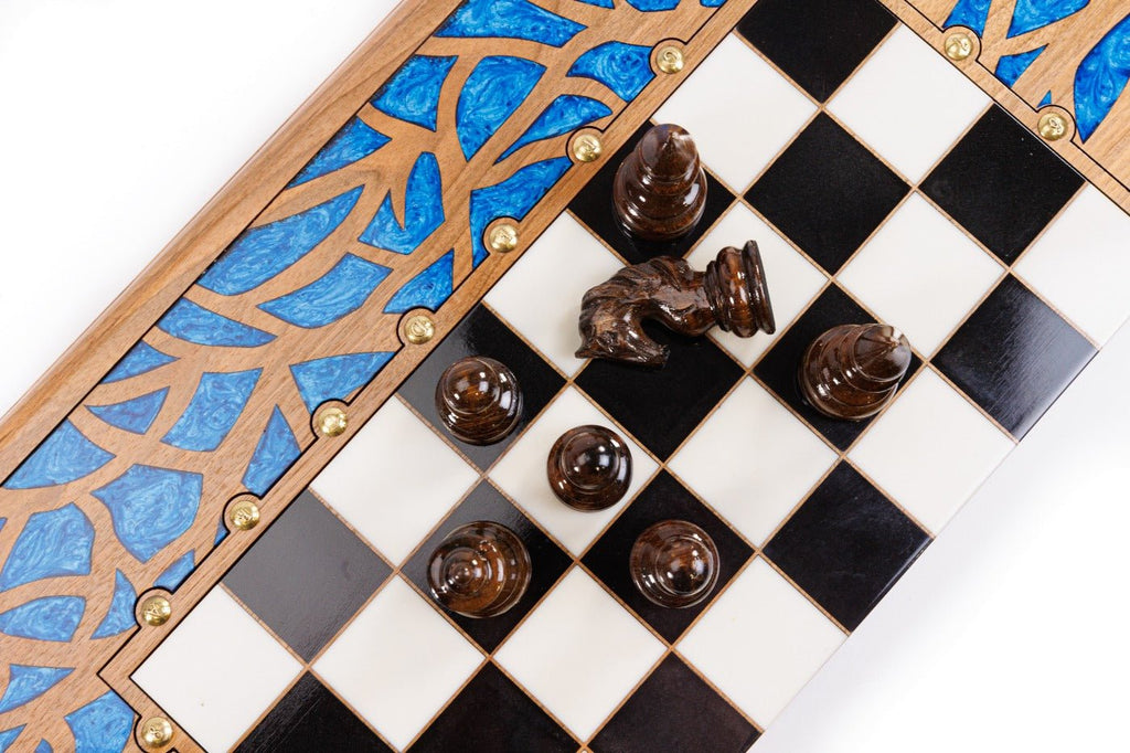 Luxury Carved Chess Set & Backgammon — Tree Branch & Blue Epoxy 60 cm | 23.6" - Unumperfectus