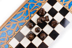 Carved Tree Branch Blue Epoxy chess and backgammon set - angled view showing the craftsmanship